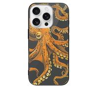 ERSTSNCK Compatible with iPhone 16 Case Orange Octopus Pattern Stylish Phone Case for Women Men, Tempered Glass Shockproof Slim Cover for 16 Pro