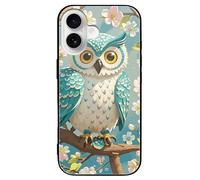 ERSTSNCK Compatible with iPhone 16 Case Owl Spring Flowers Turquoise Stylish Phone Case for Women Men, Tempered Glass Shockproof Slim Cover for 16 Pro