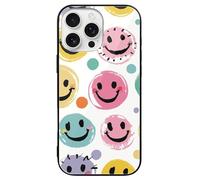 ERSTSNCK Compatible with iPhone 16 Case Pastel Color Happy Face Stylish Phone Case for Women Men, Tempered Glass Shockproof Slim Cover for 16 Pro Black