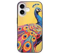 ERSTSNCK Compatible with iPhone 16 Case Peacock Pattern Stylish Phone Case for Women Men, Tempered Glass Shockproof Slim Cover for 16 Pro Black