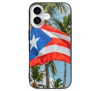 ERSTSNCK Compatible with iPhone 16 Case Puerto Rico Flags Frog Palm Trees Stylish Phone Case for Women Men, Tempered Glass Shockproof Slim Cover for 16 Pro Black