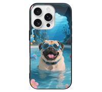 ERSTSNCK Compatible with iPhone 16 Case Pug Pool Drift Stylish Phone Case for Women Men, Tempered Glass Shockproof Slim Cover for 16 Pro Black