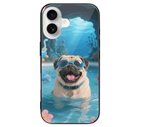 ERSTSNCK Compatible with iPhone 16 Case Pug Pool Drift Stylish Phone Case for Women Men, Tempered Glass Shockproof Slim Cover for 16 Pro Black
