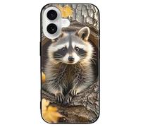 ERSTSNCK Compatible with iPhone 16 Case Raccoon in The Fall Tree Hole Stylish Phone Case for Women Men, Tempered Glass Shockproof Slim Cover for 16 Pro Black