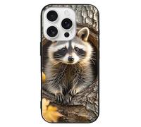 ERSTSNCK Compatible with iPhone 16 Case Raccoon in The Fall Tree Hole Stylish Phone Case for Women Men, Tempered Glass Shockproof Slim Cover for 16 Pro Black