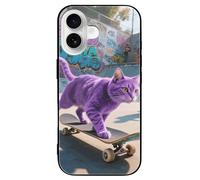 ERSTSNCK Compatible with iPhone 16 Case Skate - Cat Stylish Phone Case for Women Men, Tempered Glass Shockproof Slim Cover for 16 Pro