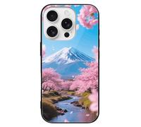 ERSTSNCK Compatible with iPhone 16 Case Snowy Fuji & Pink Bloom Stylish Phone Case for Women Men, Tempered Glass Shockproof Slim Cover for 16 Pro