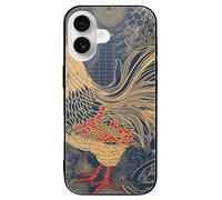 ERSTSNCK Compatible with iPhone 16 Case Striped Golden Rooster Stylish Phone Case for Women Men, Tempered Glass Shockproof Slim Cover for 16 Pro