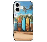 ERSTSNCK Compatible with iPhone 16 Case Surf's Up Surfboard Stylish Phone Case for Women Men, Tempered Glass Shockproof Slim Cover for 16 Pro Black