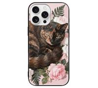 ERSTSNCK Compatible with iPhone 16 Case Tortoiseshell Cat in Roses Stylish Phone Case for Women Men, Tempered Glass Shockproof Slim Cover for 16 Pro