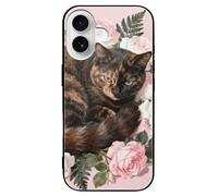 ERSTSNCK Compatible with iPhone 16 Case Tortoiseshell Cat in Roses Stylish Phone Case for Women Men, Tempered Glass Shockproof Slim Cover for 16 Pro