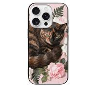 ERSTSNCK Compatible with iPhone 16 Case Tortoiseshell Cat in Roses Stylish Phone Case for Women Men, Tempered Glass Shockproof Slim Cover for 16 Pro