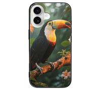 ERSTSNCK Compatible with iPhone 16 Case Toucan on The Tree Stylish Phone Case for Women Men, Tempered Glass Shockproof Slim Cover for 16 Pro Black