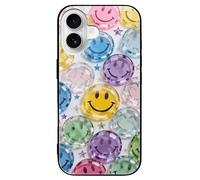 ERSTSNCK Compatible with iPhone 16 Case Transparent Glass Happy Face Stylish Phone Case for Women Men, Tempered Glass Shockproof Slim Cover for 16 Pro