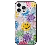 ERSTSNCK Compatible with iPhone 16 Case Transparent Glass Happy Face Stylish Phone Case for Women Men, Tempered Glass Shockproof Slim Cover for 16 Pro