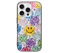 ERSTSNCK Compatible with iPhone 16 Case Transparent Glass Happy Face Stylish Phone Case for Women Men, Tempered Glass Shockproof Slim Cover for 16 Pro