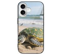 ERSTSNCK Compatible with iPhone 16 Case Turtle Stylish Phone Case for Women Men, Tempered Glass Shockproof Slim Cover for 16 Pro Black