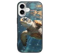 ERSTSNCK Compatible with iPhone 16 Case Turtle Swimming Stylish Phone Case for Women Men, Tempered Glass Shockproof Slim Cover for 16 Pro Black
