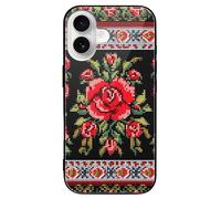 ERSTSNCK Compatible with iPhone 16 Case Ukrainian Embroidery Style Rose Stylish Phone Case for Women Men, Tempered Glass Shockproof Slim Cover for 16 Pro