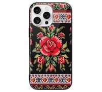 ERSTSNCK Compatible with iPhone 16 Case Ukrainian Embroidery Style Rose Stylish Phone Case for Women Men, Tempered Glass Shockproof Slim Cover for 16 Pro