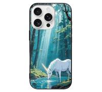ERSTSNCK Compatible with iPhone 16 Case Unicorn in The Ancient Forest Stylish Phone Case for Women Men, Tempered Glass Shockproof Slim Cover for 16 Pro Black