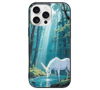 ERSTSNCK Compatible with iPhone 16 Case Unicorn in The Ancient Forest Stylish Phone Case for Women Men, Tempered Glass Shockproof Slim Cover for 16 Pro Black