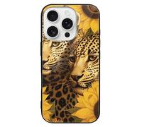 ERSTSNCK Compatible with iPhone 16 Case Yellow Sunflowers and Leopard Stylish Phone Case for Women Men, Tempered Glass Shockproof Slim Cover for 16 Pro