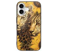 ERSTSNCK Compatible with iPhone 16 Case Yellow Sunflowers and Leopard Stylish Phone Case for Women Men, Tempered Glass Shockproof Slim Cover for 16 Pro