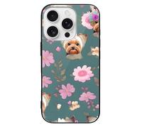 ERSTSNCK Compatible with iPhone 16 Case Yorkie Floral Pattern Stylish Phone Case for Women Men, Tempered Glass Shockproof Slim Cover for 16 Pro Black