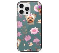 ERSTSNCK Compatible with iPhone 16 Case Yorkie Floral Pattern Stylish Phone Case for Women Men, Tempered Glass Shockproof Slim Cover for 16 Pro Black