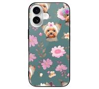 ERSTSNCK Compatible with iPhone 16 Case Yorkie Floral Pattern Stylish Phone Case for Women Men, Tempered Glass Shockproof Slim Cover for 16 Pro Black