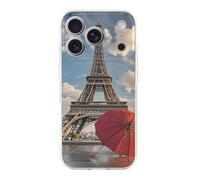ERSTSNCK Compatible with iPhone 17 Case Eiffel Tower with Red Umbrella Stylish Phone Case for Women Men TPU Shockproof Slim Cover for 17 Pro