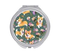 ERSTSNCK Corgi Floral Flowers Compact Mirror for Purse, Double-Sided 1x/2x Magnifying Metal Pocket Makeup Mirrors, Folding Mini Vanity Mirror, Handheld Round Travel Cosmetic Mirrors for Women