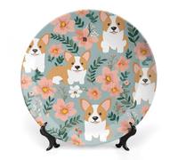 ERSTSNCK Corgi Floral Flowers Spring Garden Ceramic Decorative Plate 10inch Bone China Wall Hanging Ornament Plates Bohemian Style Dinner Plate with Stand Cabinet Display Plates for Home Art Decor