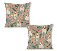 ERSTSNCK Corgi Floral Flowers Spring Garden Pillow Covers 18"x18"（2pcs） Linen Throw Pillow Covers - Double Sided Decorative Square Cushion Cases for Sofa, Bed, Chair (No Insert Included)