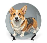ERSTSNCK Corgi Pattern Corgi Pattern Ceramic Decorative Plate 8inch Bone China Wall Hanging Ornament Plates Bohemian Style Dinner Plate with Stand Cabinet Display Plates for Home Art Decor