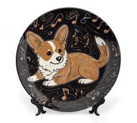 ERSTSNCK Corgi Who Loves Music Ceramic Decorative Plate 8inch Bone China Wall Hanging Ornament Plates Bohemian Style Dinner Plate with Stand Cabinet Display Plates for Home Art Decor