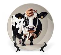 ERSTSNCK Cow Black And White Spot Ceramic Decorative Plate 8inch Bone China Wall Hanging Ornament Plates Bohemian Style Dinner Plate with Stand Cabinet Display Plates for Home Art Decor