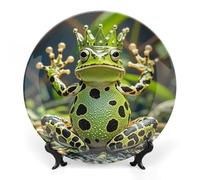 ERSTSNCK Crown Frog Ceramic Decorative Plate 7inch Bone China Wall Hanging Ornament Plates Bohemian Style Dinner Plate with Stand Cabinet Display Plates for Home Art Decor