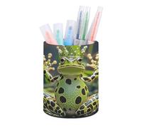 ERSTSNCK Crown Frog Pen Holder, Pencil Holder Desktop Stationery Organizer Round Leather Pencil Cup Makeup Brush Storage Box for Office Home And Stationary Supplies