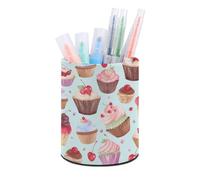 ERSTSNCK Cupcake Pattern Pen Holder, Pencil Holder Desktop Stationery Organizer Round Leather Pencil Cup Makeup Brush Storage Box for Office Home And Stationary Supplies
