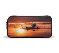 ERSTSNCK Cute Aesthetic Pencil Case - Airplane at Sunset Double Zipper Pen Bag for Women Big Capacity Pencil Pouch, Portable Makeup & Stationery Organizer for Office Travel