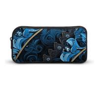 ERSTSNCK Cute Aesthetic Pencil Case - Blue And Black Pattern Double Zipper Pen Bag for Women Big Capacity Pencil Pouch, Portable Makeup & Stationery Organizer for Office Travel