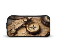 ERSTSNCK Cute Aesthetic Pencil Case - Compass And Old World Map Double Zipper Pen Bag for Women Big Capacity Pencil Pouch, Portable Makeup & Stationery Organizer for Office Travel