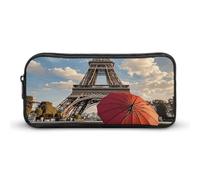 ERSTSNCK Cute Aesthetic Pencil Case - Eiffel Tower with Red Umbrella Double Zipper Pen Bag for Women Big Capacity Pencil Pouch, Portable Makeup & Stationery Organizer for Office Travel