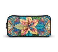 ERSTSNCK Cute Aesthetic Pencil Case - Flowers And Hawaiian Tribal Patterns Double Zipper Pen Bag for Women Big Capacity Pencil Pouch, Portable Makeup & Stationery Organizer for Office Travel