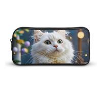 ERSTSNCK Cute Aesthetic Pencil Case - Gorgeous White Cat Double Zipper Pen Bag for Women Big Capacity Pencil Pouch, Portable Makeup & Stationery Organizer for Office Travel