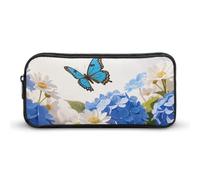 ERSTSNCK Cute Aesthetic Pencil Case - Hydrangeas Daisies Butterflies Double Zipper Pen Bag for Women Big Capacity Pencil Pouch, Portable Makeup & Stationery Organizer for Office Travel