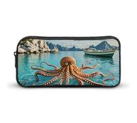 ERSTSNCK Cute Aesthetic Pencil Case - Octopus And Boat Double Zipper Pen Bag for Women Big Capacity Pencil Pouch, Portable Makeup & Stationery Organizer for Office Travel