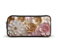 ERSTSNCK Cute Aesthetic Pencil Case - Pink White Gold Flowers Double Zipper Pen Bag for Women Big Capacity Pencil Pouch, Portable Makeup & Stationery Organizer for Office Travel